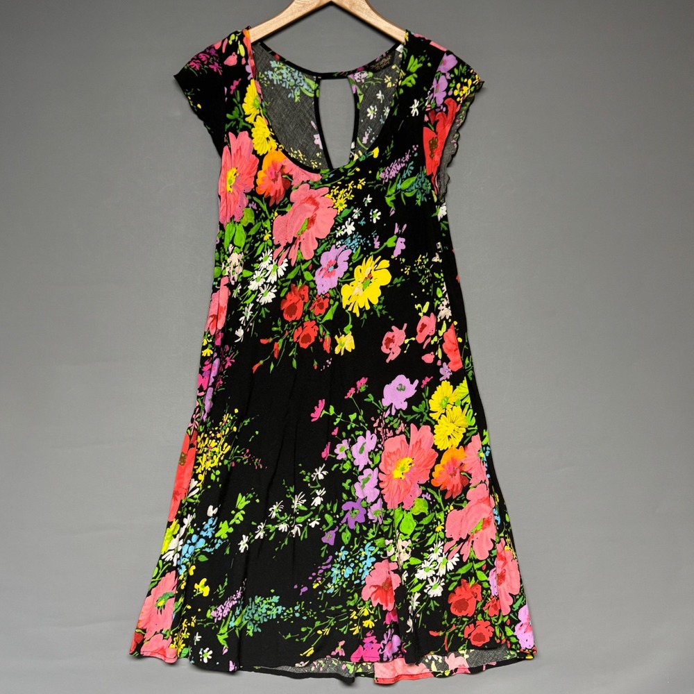 Jams World Fizzy Daisy Floral Mini Dress Small Black Pink Rayon Made in Hawaii